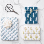 Modern Blue & Gold Happy Hanukkah Trees Wrapping Paper Sheet<br><div class="desc">Stylish and festive,  this gift wrap set is the perfect way to wrap all your presents for friends and family this holiday season.  The set features 3 different designs: 1. blue calligraphy "Happy Hanukkah, " 2. white hand-drawn evergreen trees on a blue background,  and 3. gold hand-painted,  evergreen trees.</div>