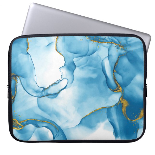 Modern Blue-Gold Marble Background Laptop Sleeve (Front)