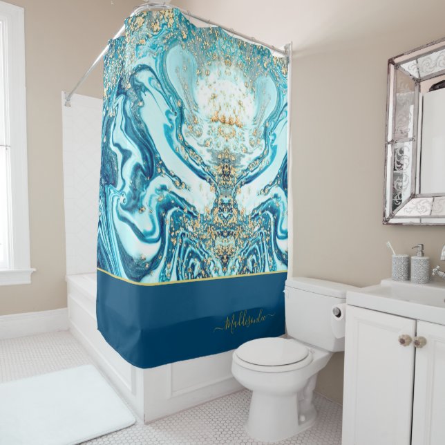 Modern Blue Gold  Marble Ocean Monogram Name Shower Curtain (In Situ)