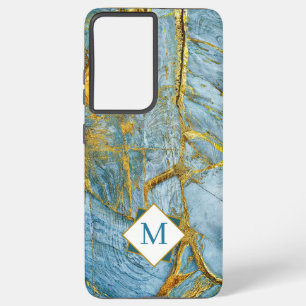 Modern Blue gold marble textured Monogram Samsung Galaxy Case