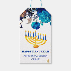 Modern Blue & Gold Menorah Happy Hanukkah Gift Tags