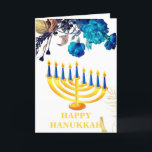 Modern Blue  & Gold Menorah Happy  Hanukkah   Holi Holiday Card<br><div class="desc">Modern Blue & Gold Menorah Happy Hanukkah Holiday Card features  white  background blue & gold roses & Hanukkah candles.The inside of the card has a personal message template.Please click on personalise button to customise it with your own text.</div>