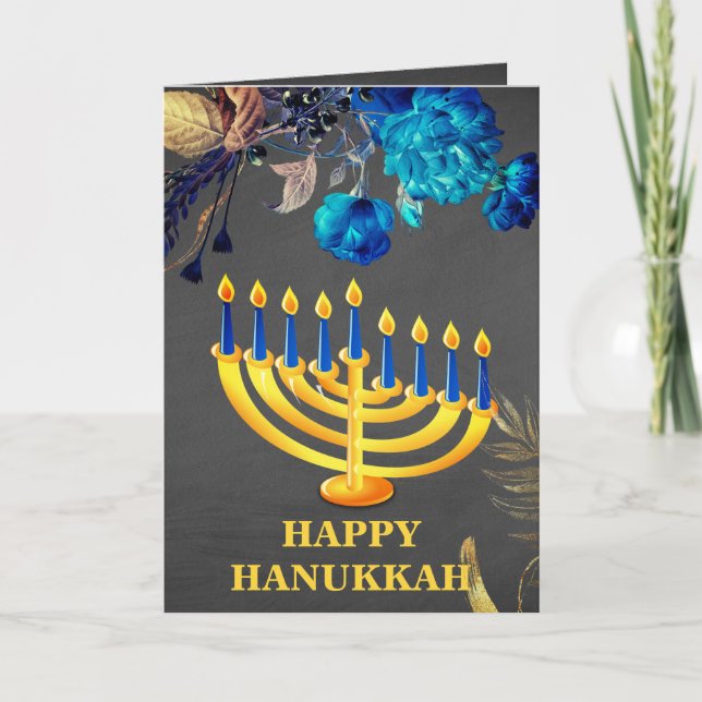 Modern Blue  & Gold Menorah Happy  Hanukkah   Holiday Card (Front)