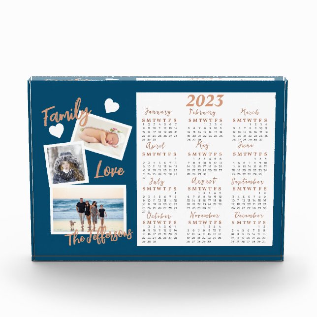 Modern Blue & Gold New Year Calendar Photo Block (Front)