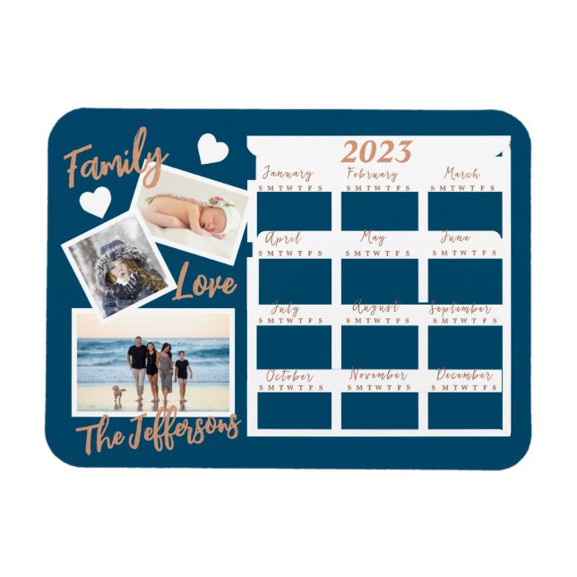 Modern Blue & Gold New Year Calendar Photos Magnet (Horizontal)
