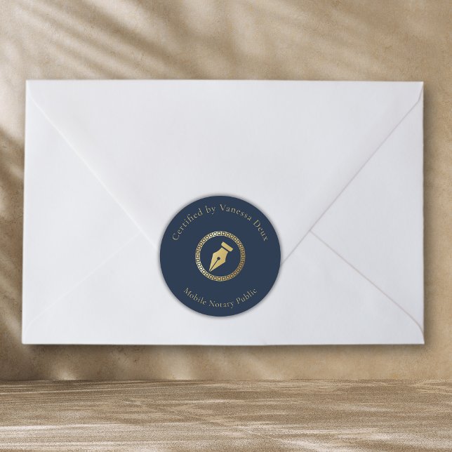 Modern Blue Gold Notary Pen Certified by Classic Round Sticker (Creator Uploaded)