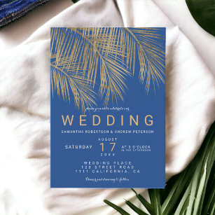 Modern blue gold palm tree elegant wedding invitation