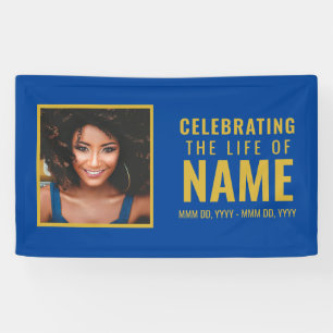 Modern Blue Gold Photo Celebration of Life Banner