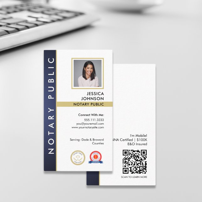 Modern Blue Gold QR Code Photo Notary Public Logo Business Card (Creator Uploaded)
