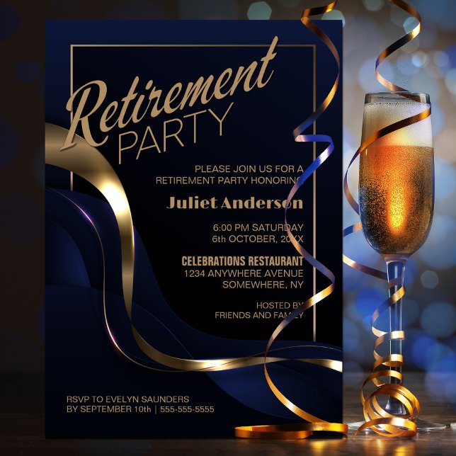 Modern Blue Gold Retirement Party Invitation (Creator Uploaded)