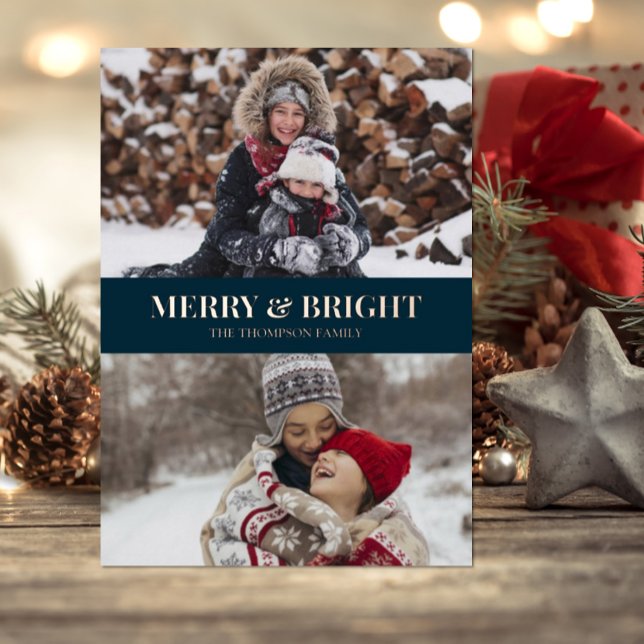 Modern Blue Gold Script Merry Bright Photo (Creator Uploaded)