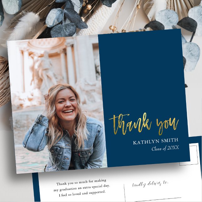 Modern Blue Gold Script Photo Graduation Thank You Postcard (Creator Uploaded)