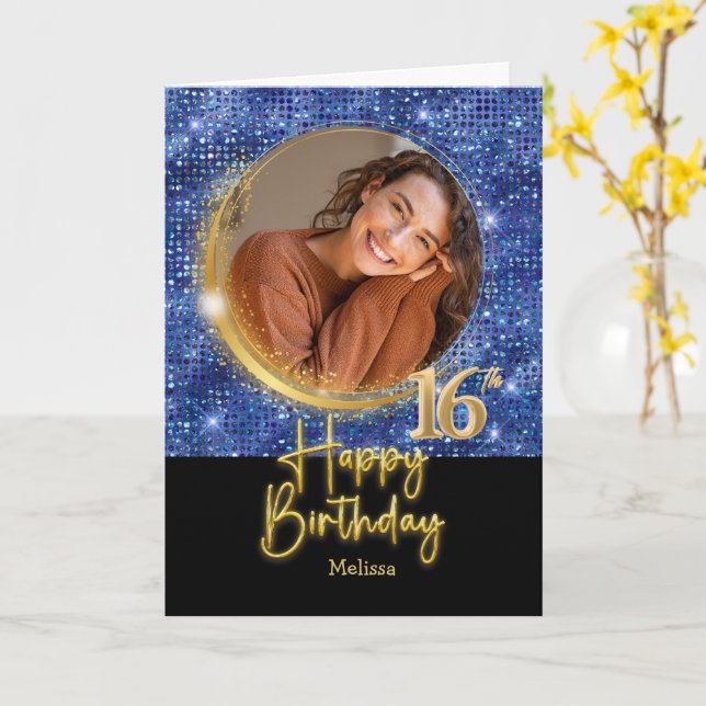 Modern Blue & Gold Script Photo Name 16th Birthday Card (Yellow Flower)