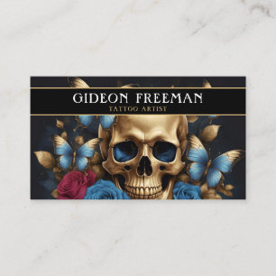Modern Blue & Gold Skull Butterflies Tattoo Artist Business Card