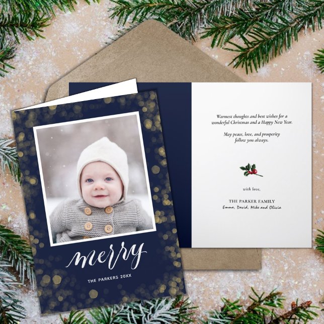 Modern Blue Gold Snowflakes Bokeh Minimalist Photo Holiday Card (Creator Uploaded)