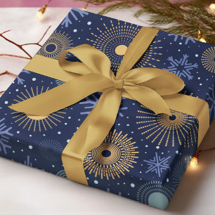 Modern Blue Gold Snowflakes Christmas Holidays Wrapping Paper