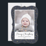 Modern Blue Gold Star Bokeh Overlay Minimalist  Holiday Card<br><div class="desc">Send customisable and personalised holiday greetings to friends, colleagues and family in simple, minimalist, elegant, fun, festive and modern photo cards! A beautiful frame of variety of gold winter stars on navy blue sky background surrounds your photo on bracket shape paper. The greeting " Merry Christmas " is written in...</div>