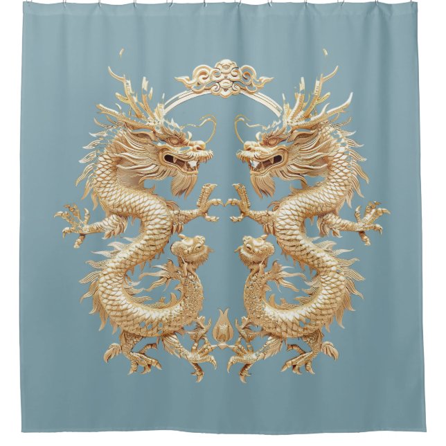 Modern Blue Gold Two-Headed Dragon Shower Curtain (Front)