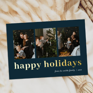 Modern Blue Gold Typography Happy Holidays Photo