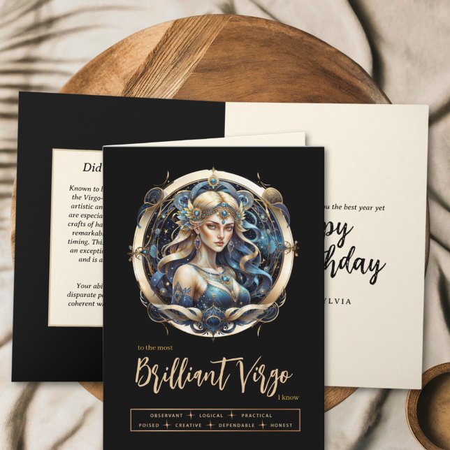 Modern Blue Gold Virgin Zodiac Sign Virgo Birthday Card (Creator Uploaded)