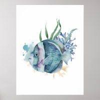 Modern Blue & Gold Watercolor Fish