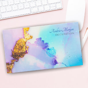Modern Blue & Gold Watercolor, Script Name QR Code Business Card