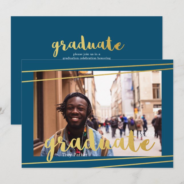 Modern Blue, Gold, & White Graduate Invitations (Front/Back)