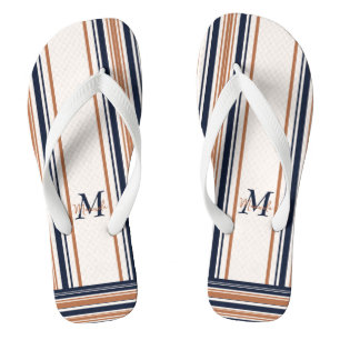 Modern Blue & Gold White Stripes Monogram Jandals