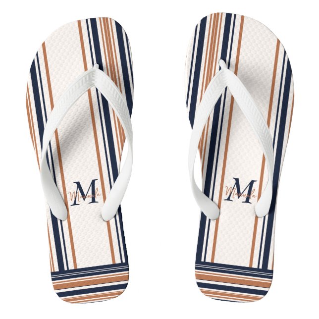 Modern Blue & Gold White Stripes Monogram Jandals (Footbed)