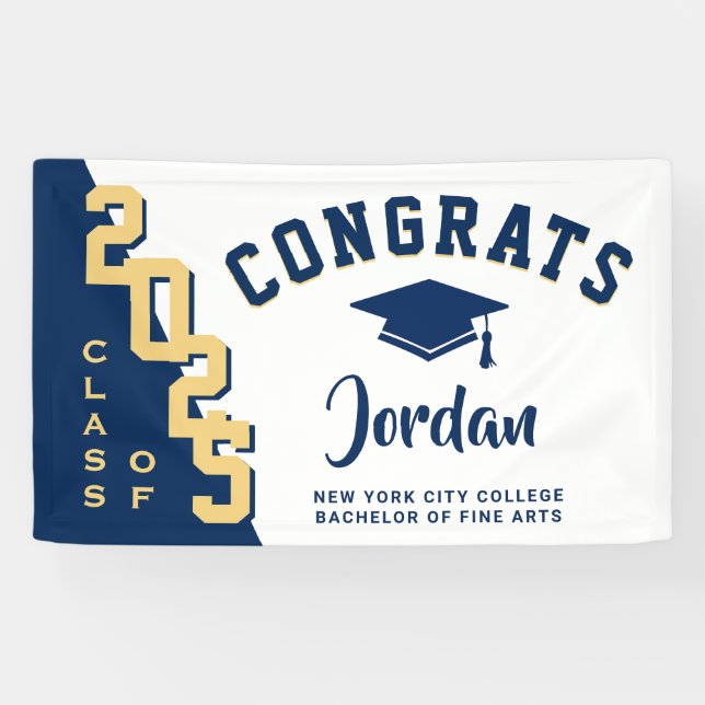 Modern Blue Golden Graduation Class of 2026 Party Banner (Horizontal)