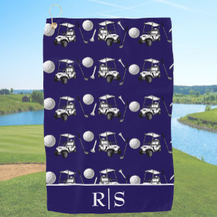 Modern Blue Golf Balls and Cart Custom Monogram Towel