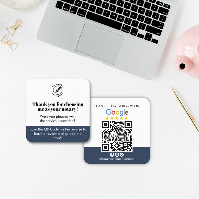 Modern Blue Google Review QR Code Thanks Notary Square Business Card (Creator Uploaded)
