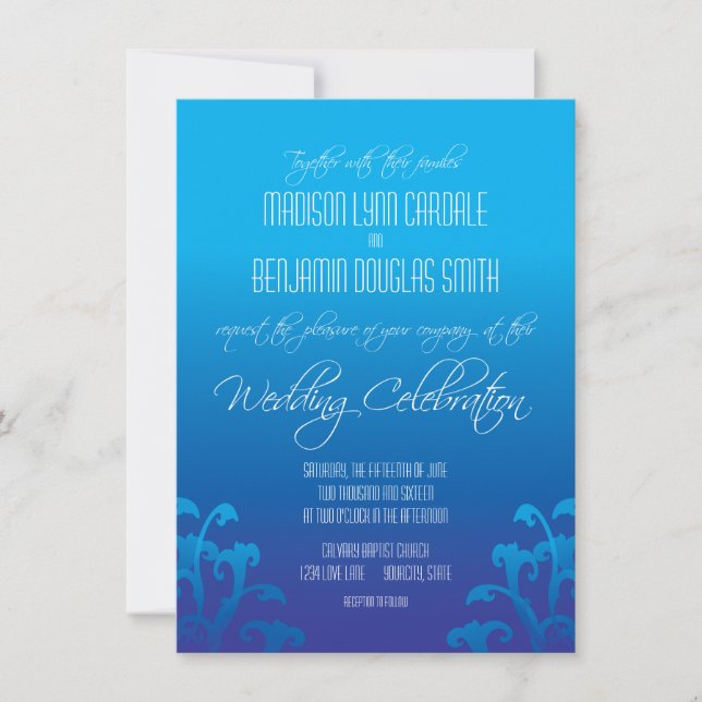 Modern Blue Gradient Flourish Wedding Invitations (Front)