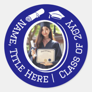 Modern Blue Graduate Photo, Cap Tassel and Diploma Classic Round Sticker
