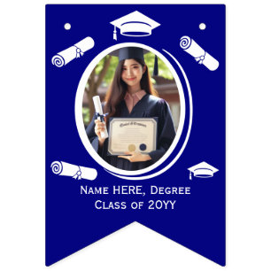 Modern Blue Graduate Photo Graduation Cap, Diploma Bunting