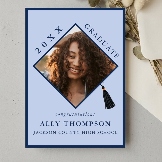 Modern Blue Graduation Cap Photo Announcement (Modern Blue Graduation Cap Photo Announcement)