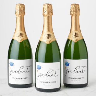 Modern Blue Graduation Cap Script Graduate Sparkling Wine Label