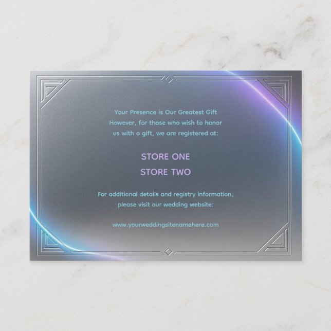 Modern Blue Gray Purple Electric Neon Glow Wedding Enclosure Card (Front)