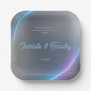Modern Blue Gray Purple Electric Neon Glow Wedding Paper Plate