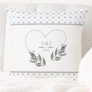 Modern Blue Gray Wedding Couple Initials Year Cushion