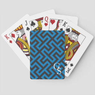 Modern blue greek key geometric patterns monogram playing cards
