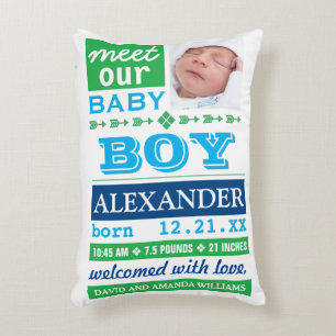 Modern Blue Green Baby Boy Photo Birth Stats Decorative Cushion