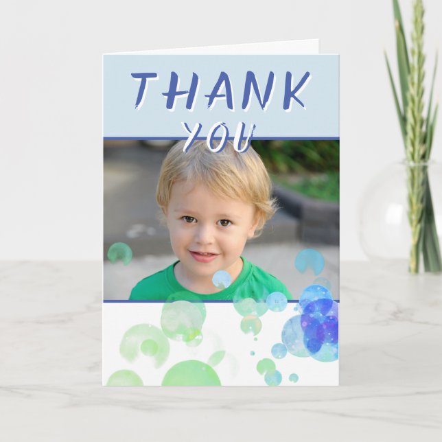 Modern Blue Green Bubbles Kids Photo Birthday Thank You Card (Front)