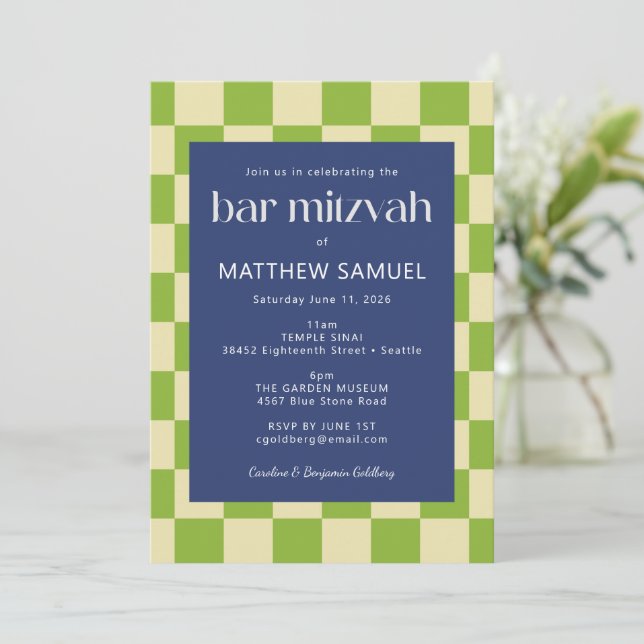 Modern Blue Green Chequerboard Bar Mitzvah RSVP Invitation (Standing Front)