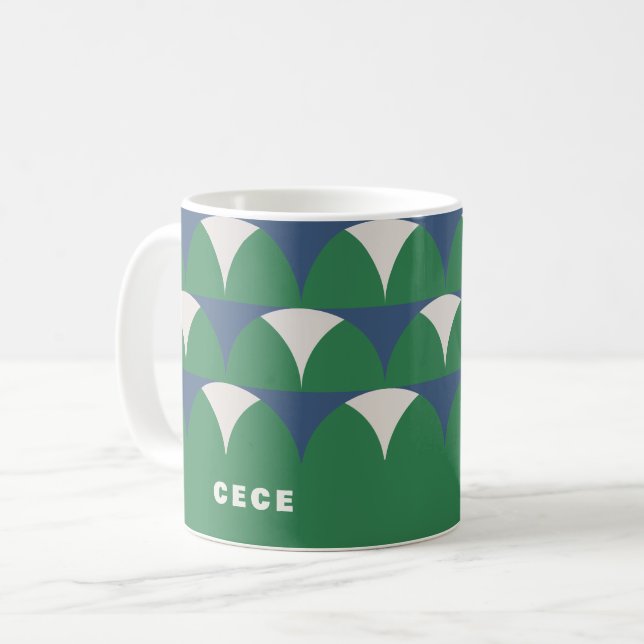 Modern blue green geometric retro personalised cof coffee mug (Front Left)