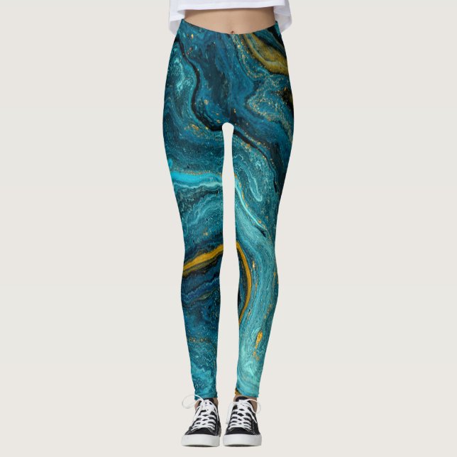 Modern  Blue Green Gold Dust Marble Abstract Art Leggings (Front)