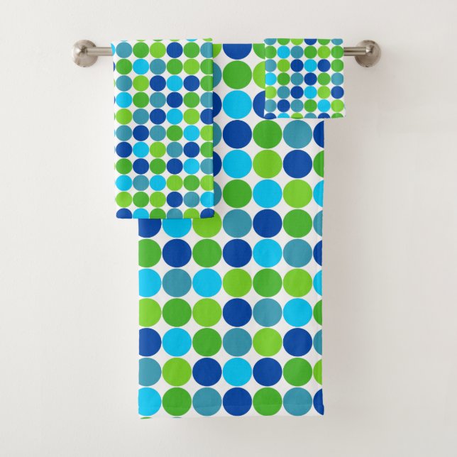 Modern Blue Green Polk-Dot Pattern Bath Towel Set (Insitu)