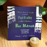 Modern Blue, Green Tallit Bar Mitzvah Invitation<br><div class="desc">Celebrate your Bar Mitzvah with beautiful blue, green, and teal prayer shawls overlaying bright blue brush stroke texture. Vivid blue RSVP cards with coordinated return address labels, and other blue and/or green Bar Mitzvah Talis stationary will complete the look for a modern traditional celebration. Hints of shiny silver and royal...</div>