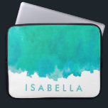 Modern Blue Green Teal Watercolor Name Elegant Laptop Sleeve<br><div class="desc">Protect your laptop in style with this chic modern sleeve.  Design features a pretty blue green teal watercolor background and your name or other customised text in a simple turquoise typography font. This elegant and trendy computer case makes a stylish gift for her.</div>