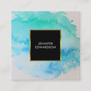 Modern blue green teal watercolor splatter splash square business card